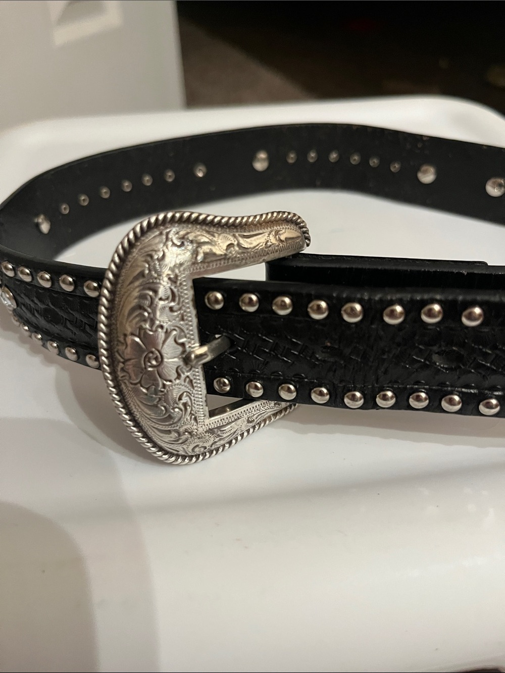 Studded Black Western Leather Belt with Ornate Silver Buckle
Size 22